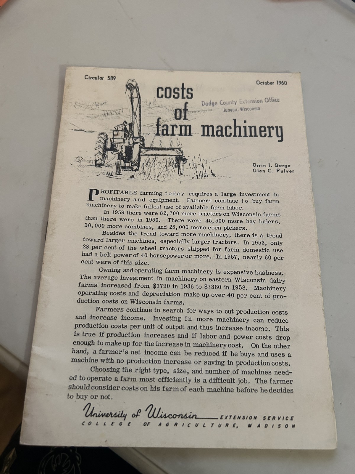 University Of Wisconsin Costs Of Farm Machinery 1960 Handbook Manual