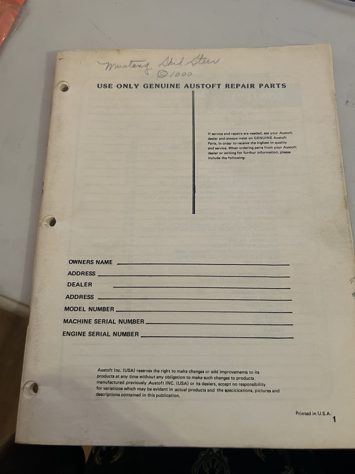 Austoft Inc Mustang Skid Steer Parts List Repair Manual Schematics