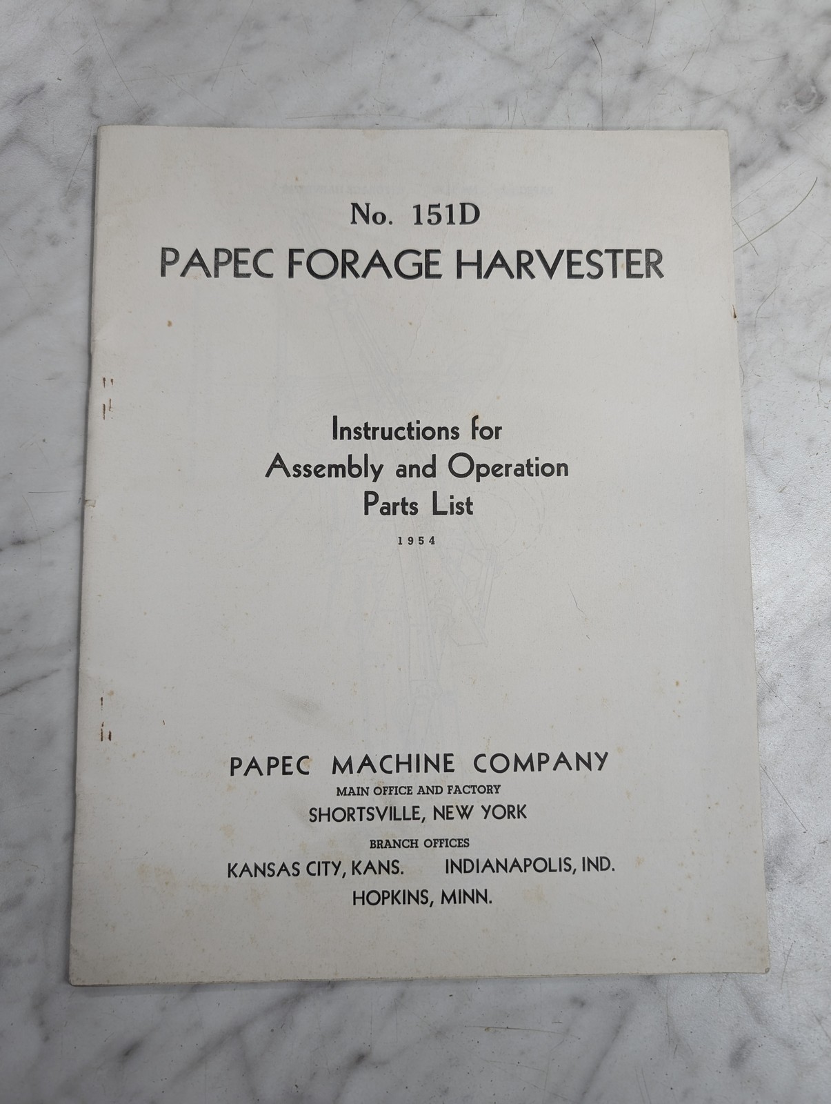 Papec Forage Harvester Operator Service Manual Parts List Catalog 1954 151D