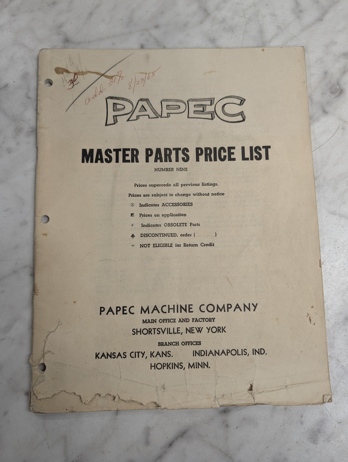 Papec Master Parts Price List Catalog #9 1960 Dealer Sales Literature