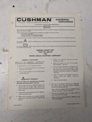 Cushman Installation Instructions Manual Ermine Canopy Set 888192 1988 Part List