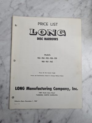 Long Parts Price List Disc Harrows Model 953 954 955 958 959 960 961 962 1967