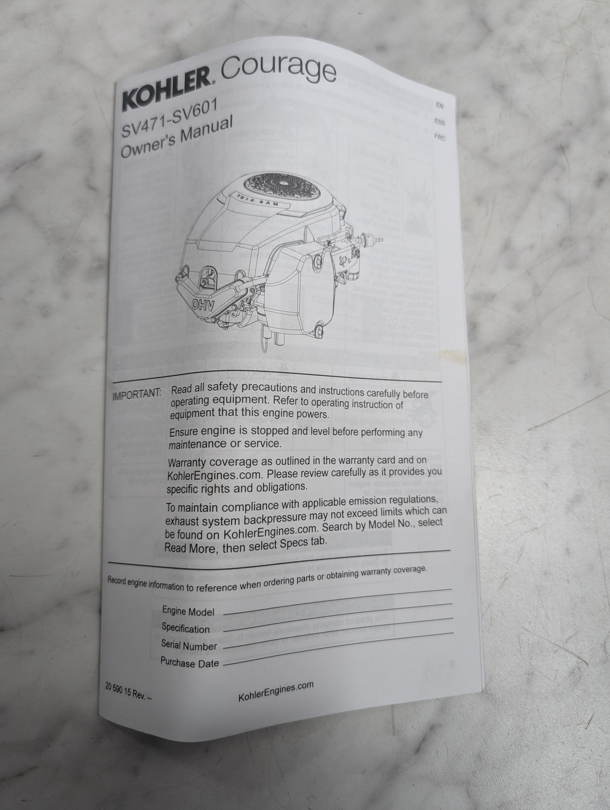 Kohler Engine Owner'S Operators Instruction Manual Courage Sv471-Sv601