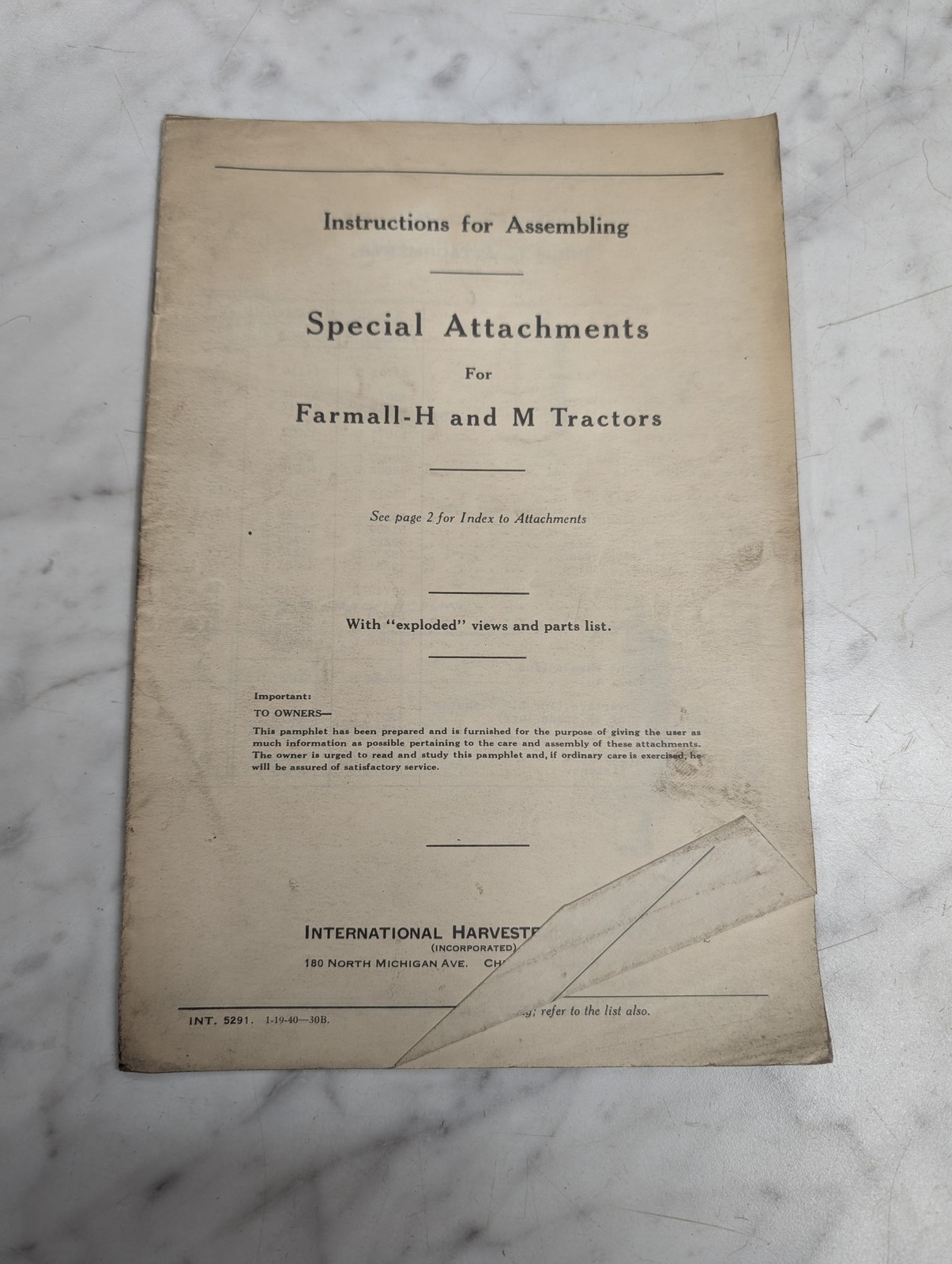 Intenrational Farmall H & M Special Attachments Instruction Assembly Manual 1940