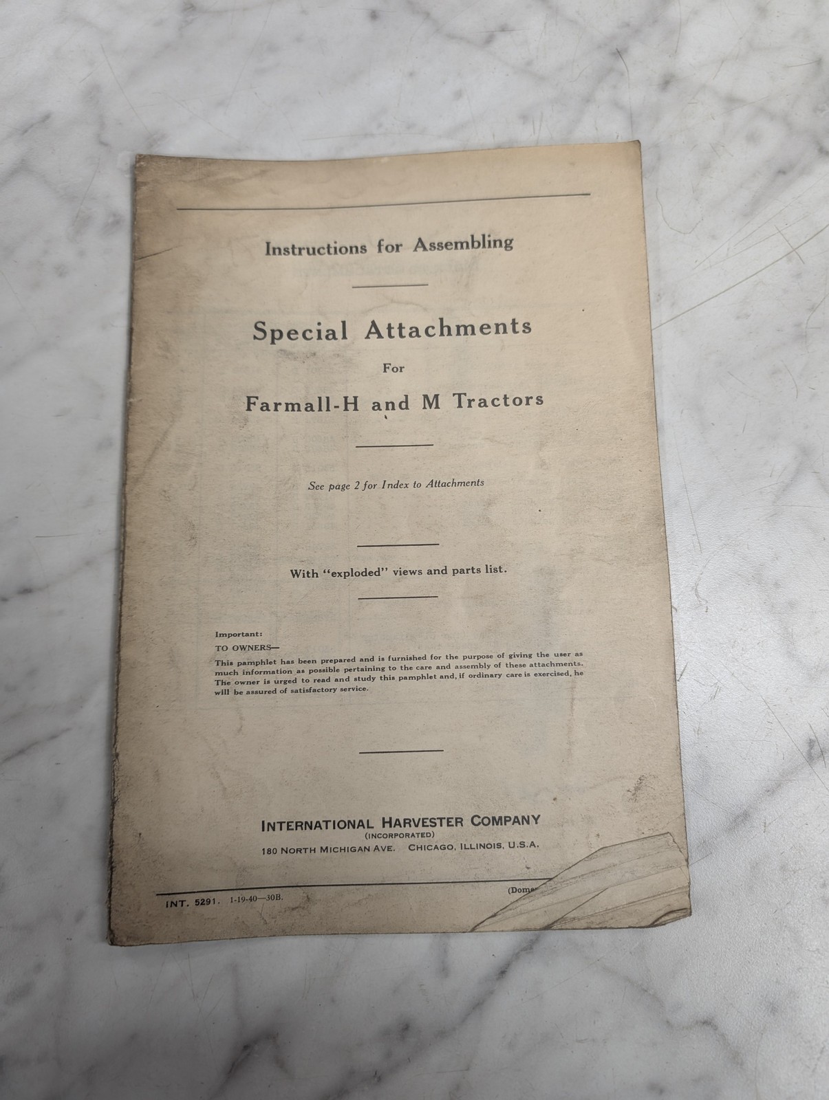 Intenrational Farmall H & M Special Attachments Instruction Assembly Manual Ih