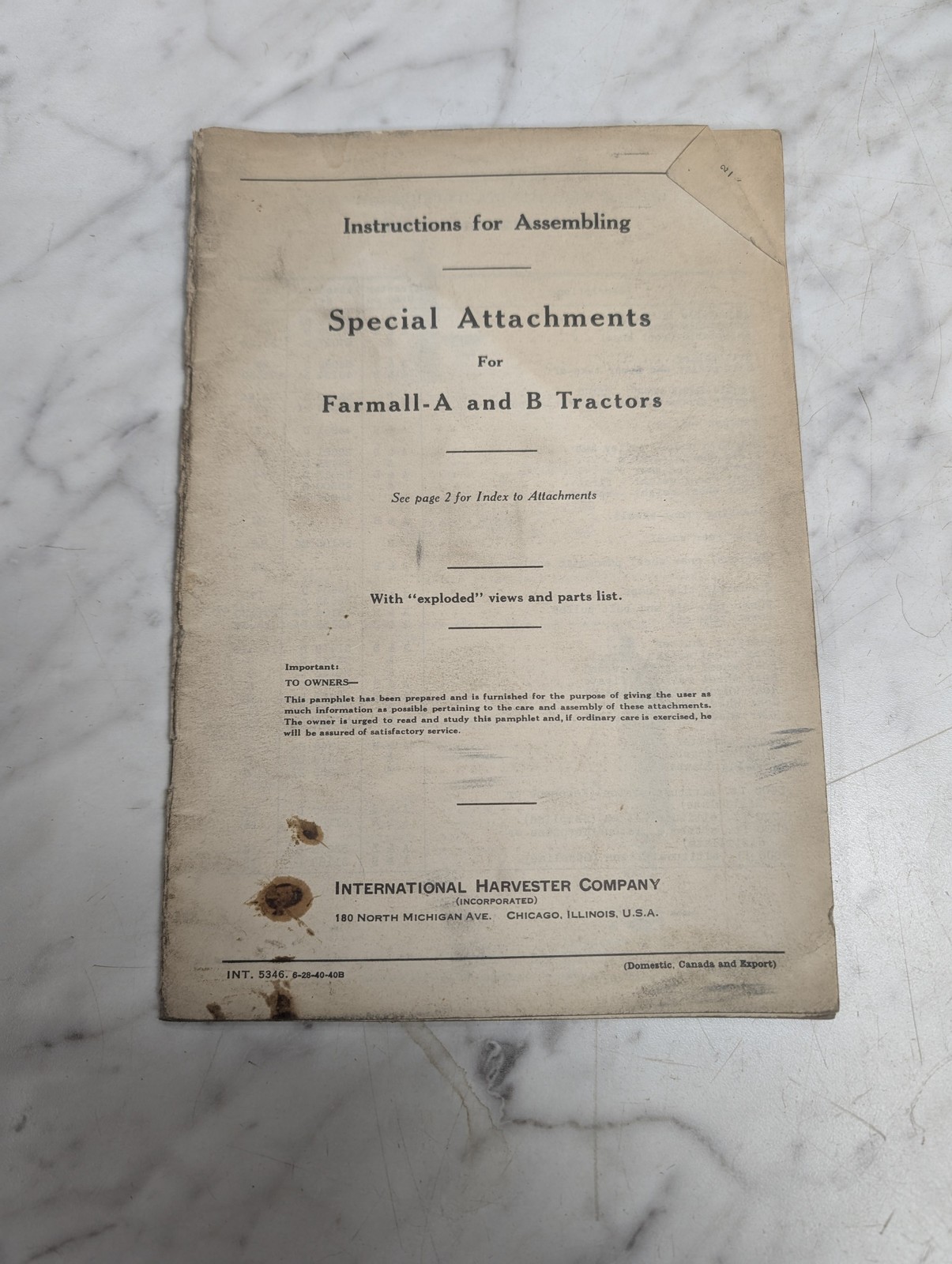 Intenrational Farmall A & B Special Attachments Instruction Assembly Manual Ih