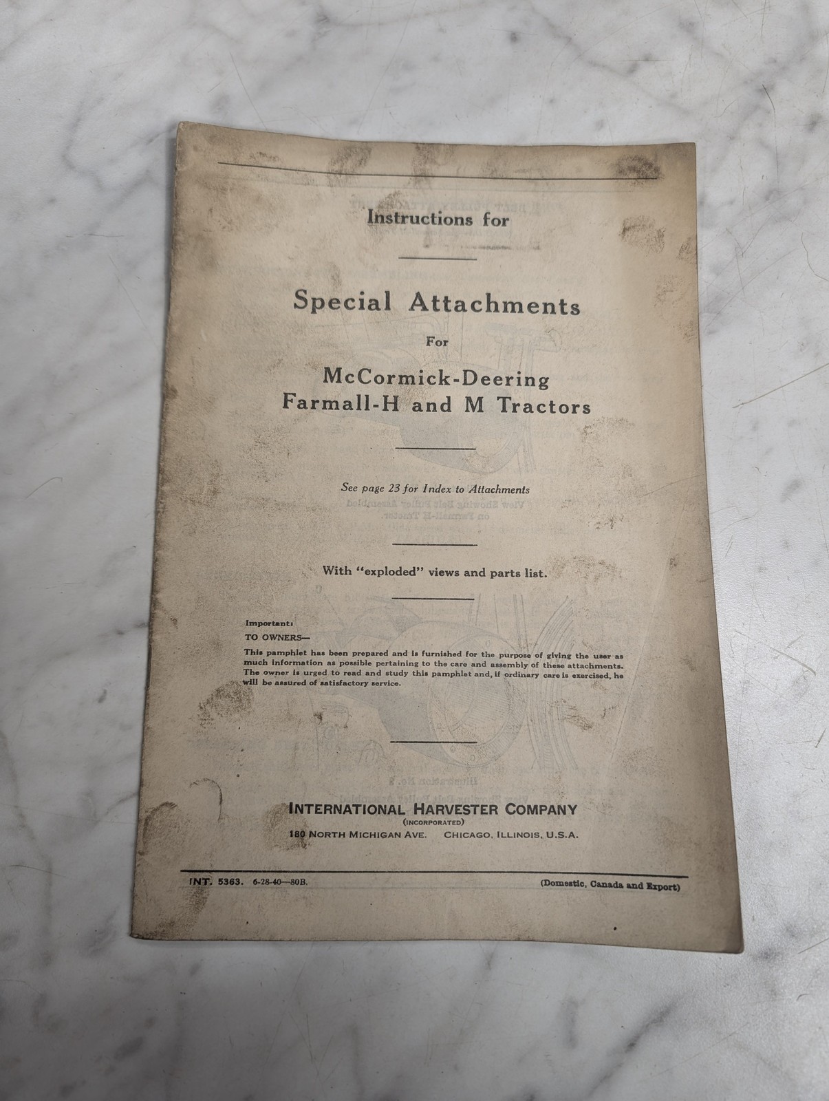 Intenrational Ih Farmall H & M Special Attachments Owner'S Instruction Manual