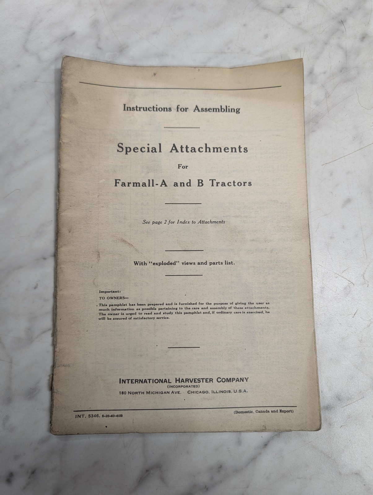 Intenrational Farmall A & B Special Attachments Instruction Assembly Manual 5346