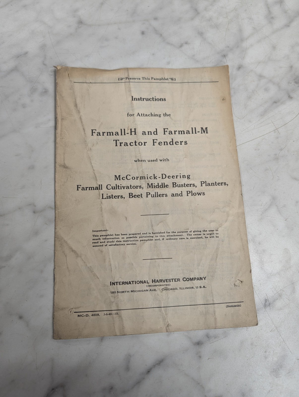 Intenrational Ih Farmall H & M Attaching Instruction Manual Tractor Fenders