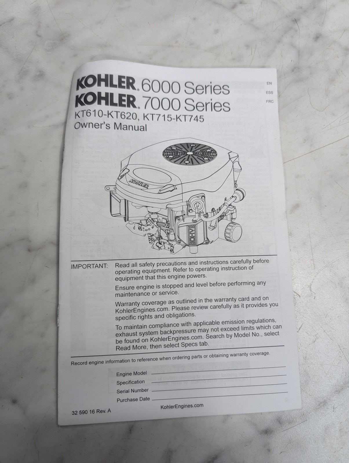 Kohler Engine Owner'S Instruction Manual 6000 7000 Series Kt 610 620 715 745