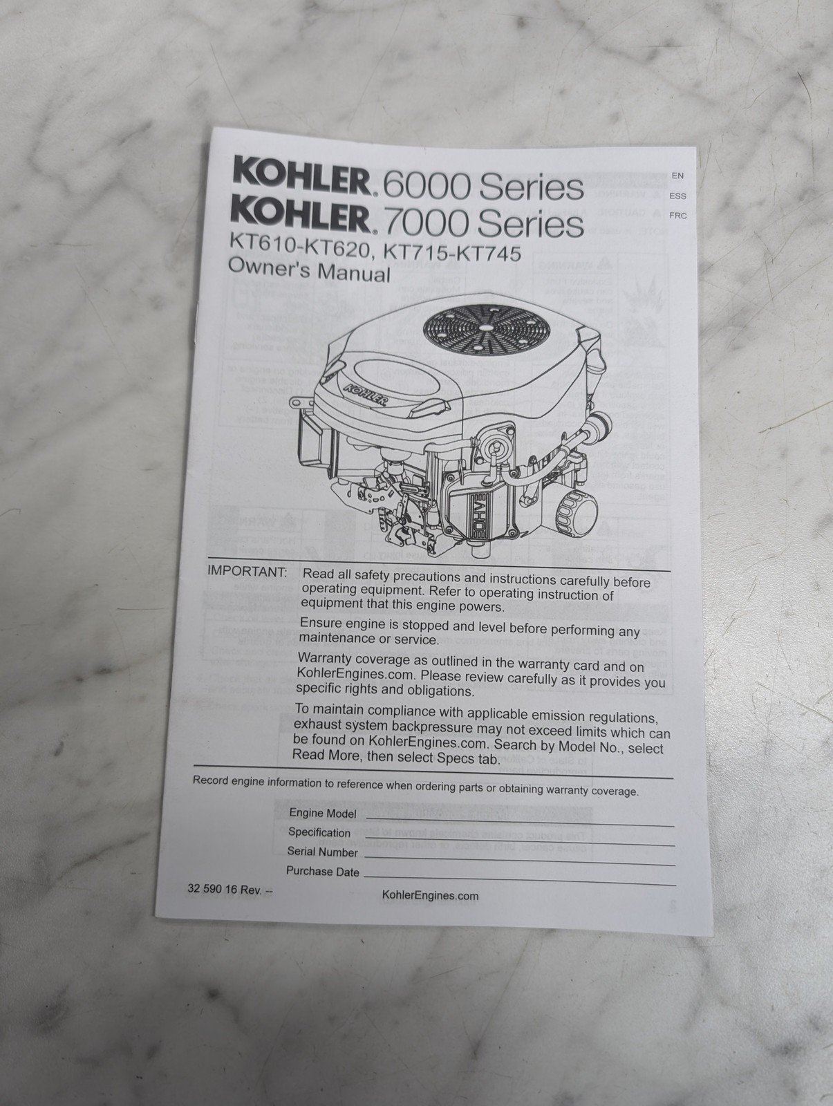 Kohler Engine Owner'S Instruction Manual 6000 7000 Series Kt 610 620 715 Kt745
