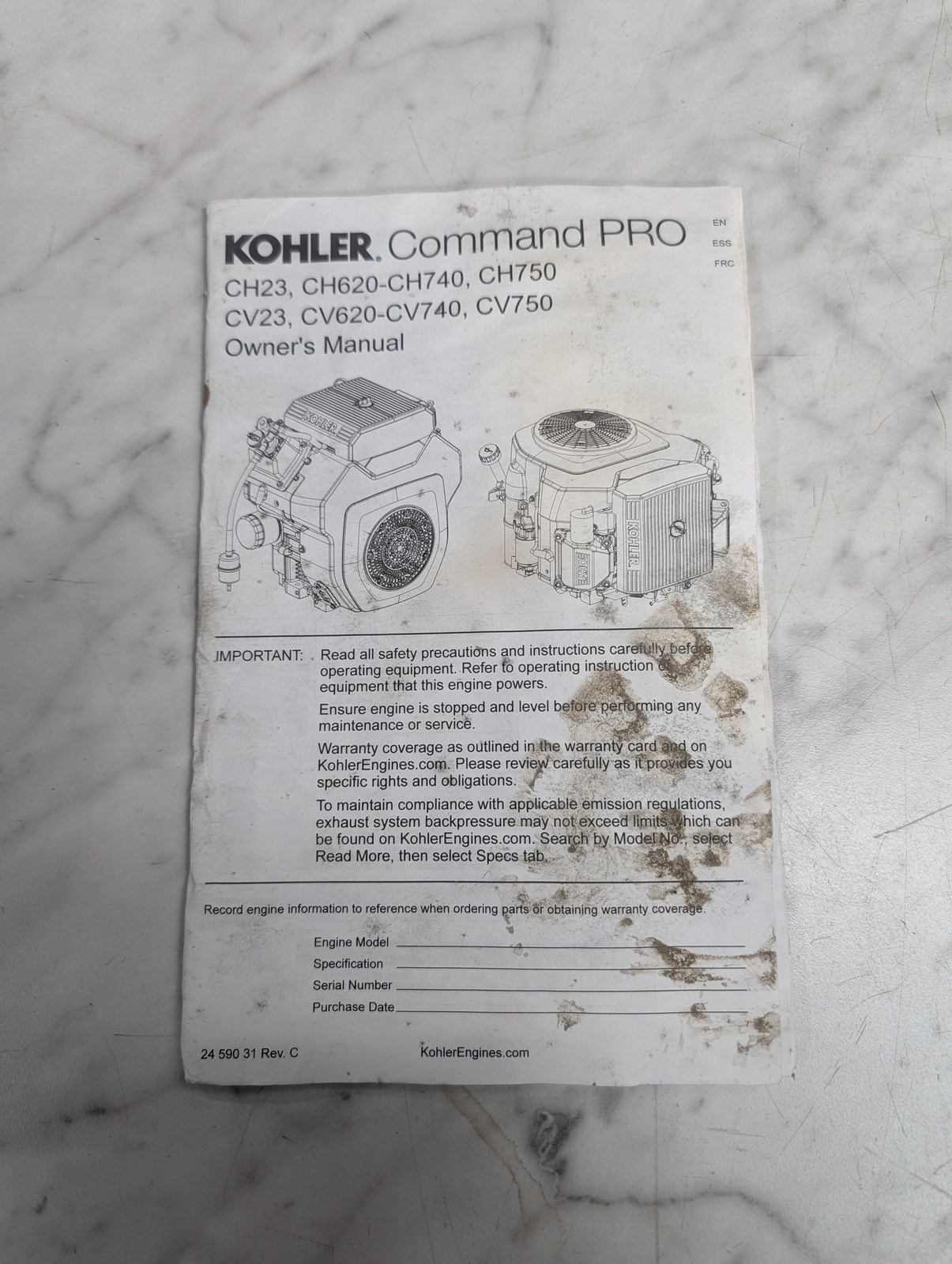 Kohler Engine Owner'S Operators Manual Command Pro Ch23 62-740 750 Cv750