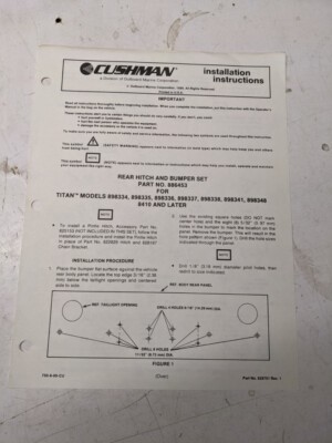 Cushman Installation Instructions Manual Rear Hitch & Bumper Set 886453 1989