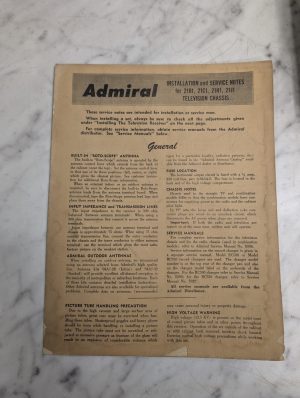 Admiral Installation Service Notes 21B1 21C1 21H1 21J1 Television Chasis 1950