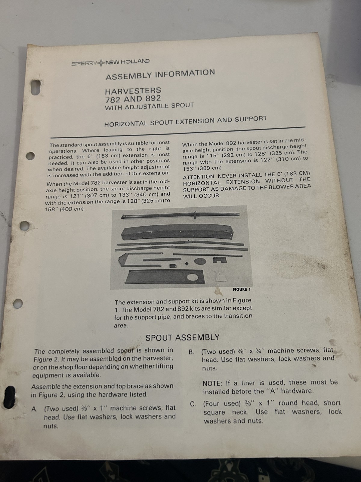 Sperry New Holland Assembly Information Harvesters 782 And 892 Spout Ext