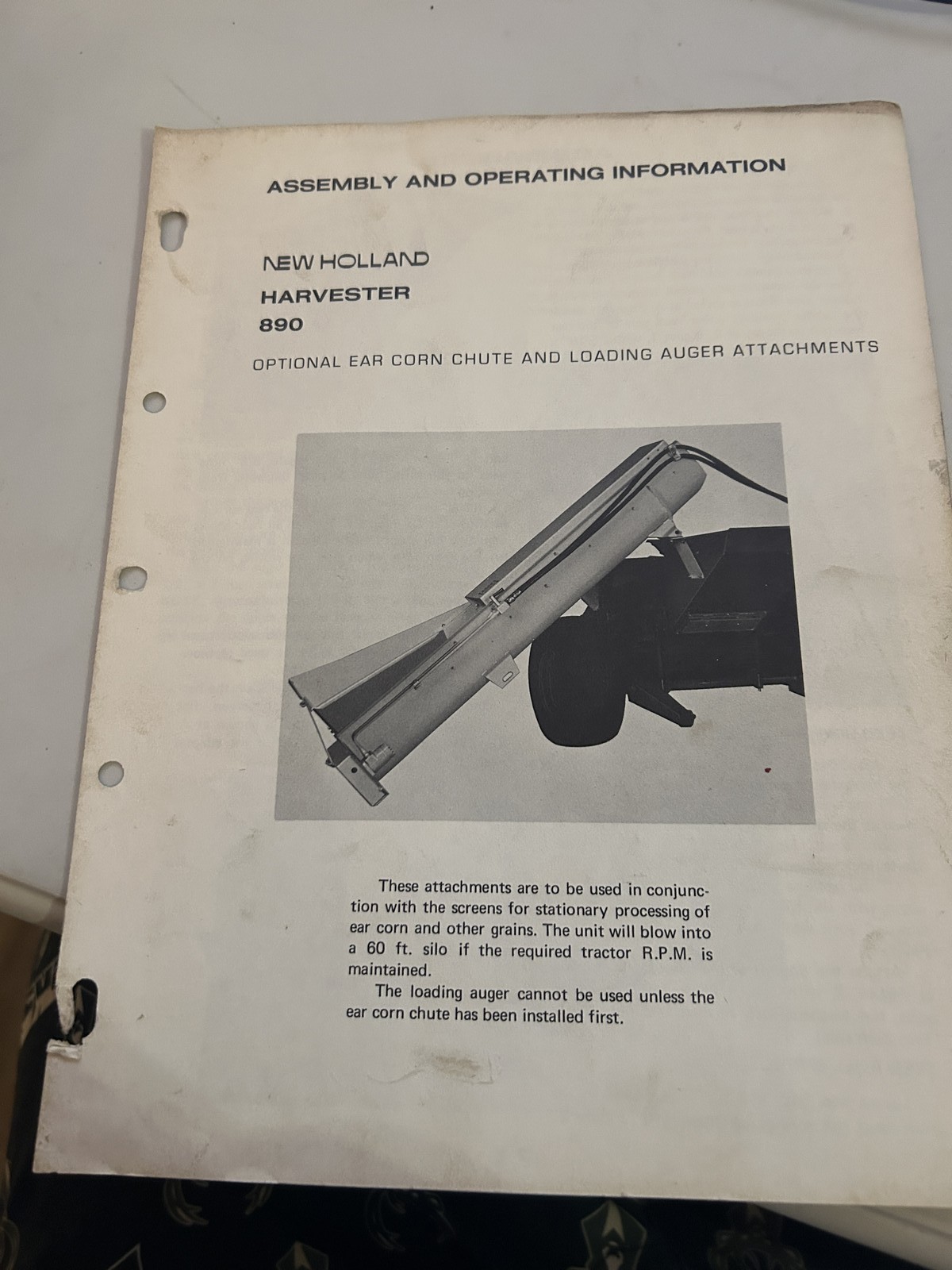 New Holland Harvester 890 Optional Ear Corn Chute Assembly Operating Manual