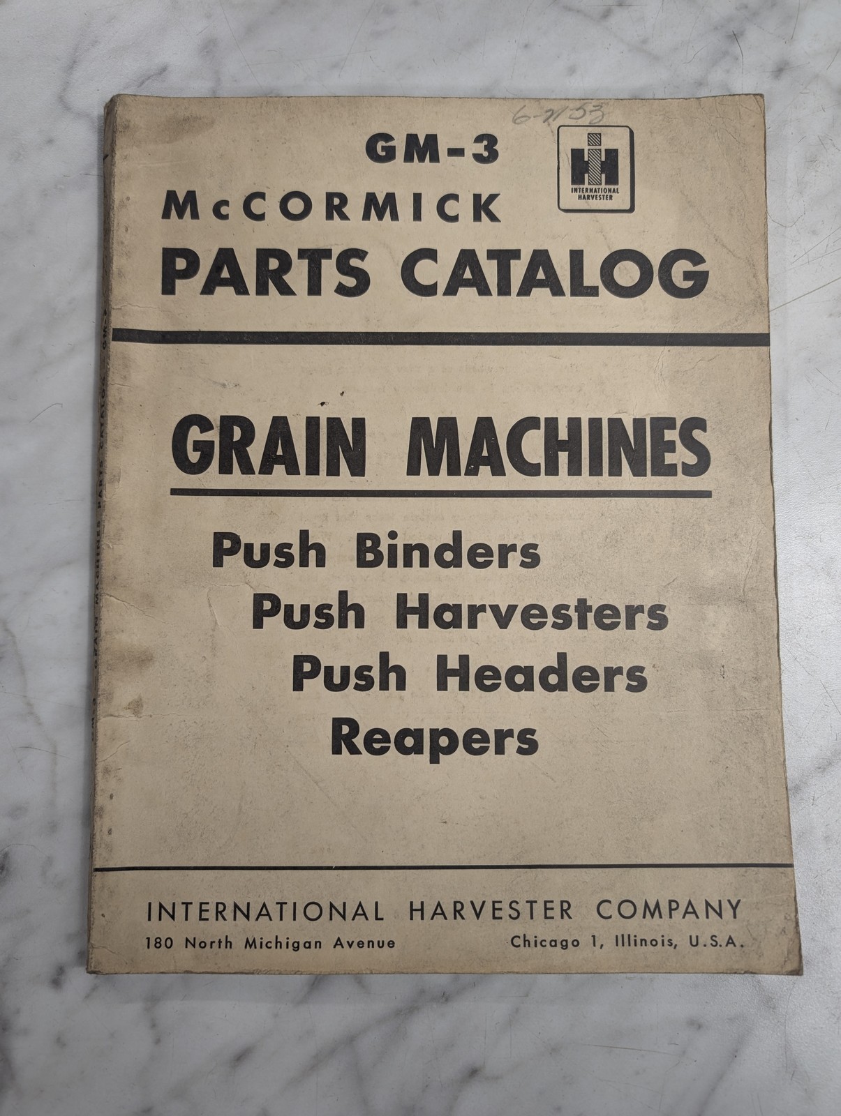 Harvester Mccormick Ih Parts List Manual Catalog Grain Machines Gm-3 Reaper