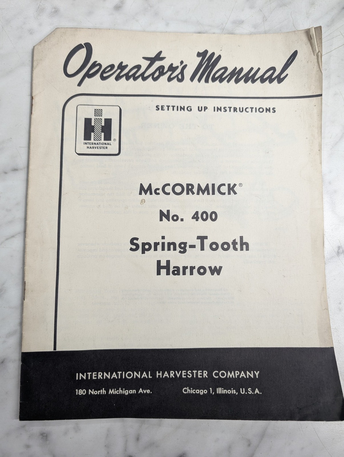 International Harvester Ih Operator'S Service Manual Mccormick 400 Harrow