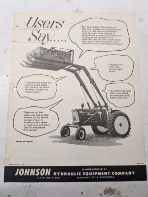 Johnson Work Horse Loader Bale Ricker Pick Up System 1959 Brochure