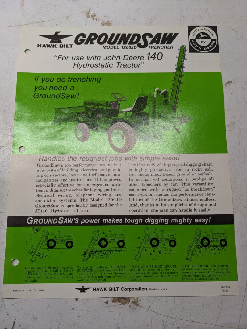 Hawk Bilt Groundsaw Trencher Brochure Specs Page Model 1200Jd John Deere 1968
