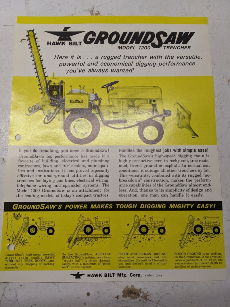Hawk Bilt Groundsaw Trencher Brochure Specs Page Model 1200 Tractor Attachment