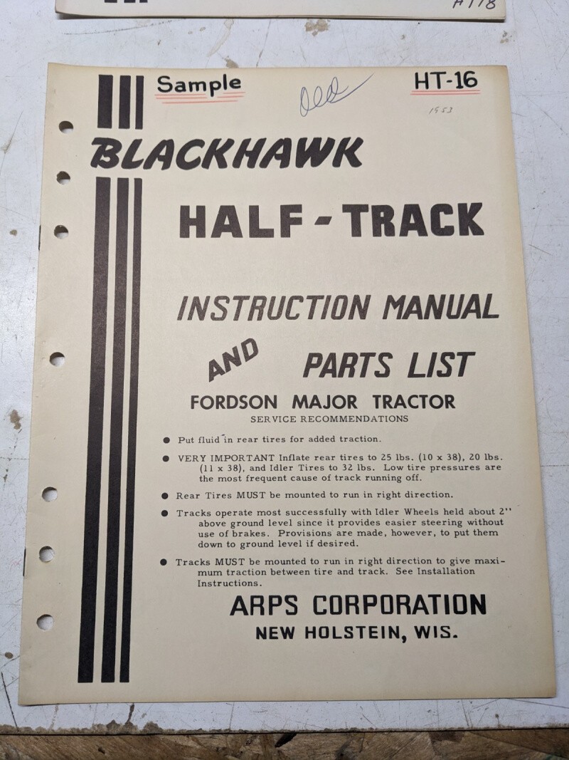 Arps Tractor Half-Track Instruction Owner Manual Parts List Fordson Major Ht16