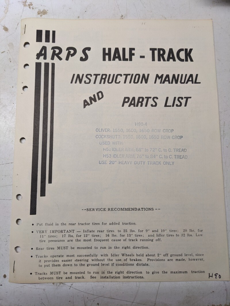 Arps Tractor Half-Track Instruction Owner Manual Parts List Oliver Cockshutt
