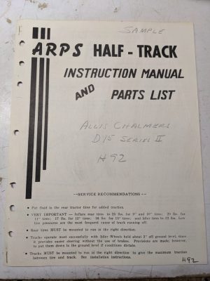 Arps Tractor Halftrack Instruction Owner Manual Part List Allis Chalmers D15 H92