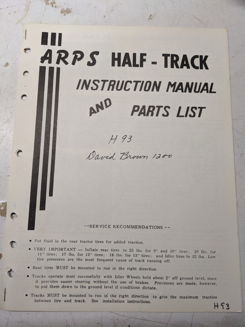 Arps Tractor Half-Track Instruction Owner Manual Parts List David Brown 1200 H93