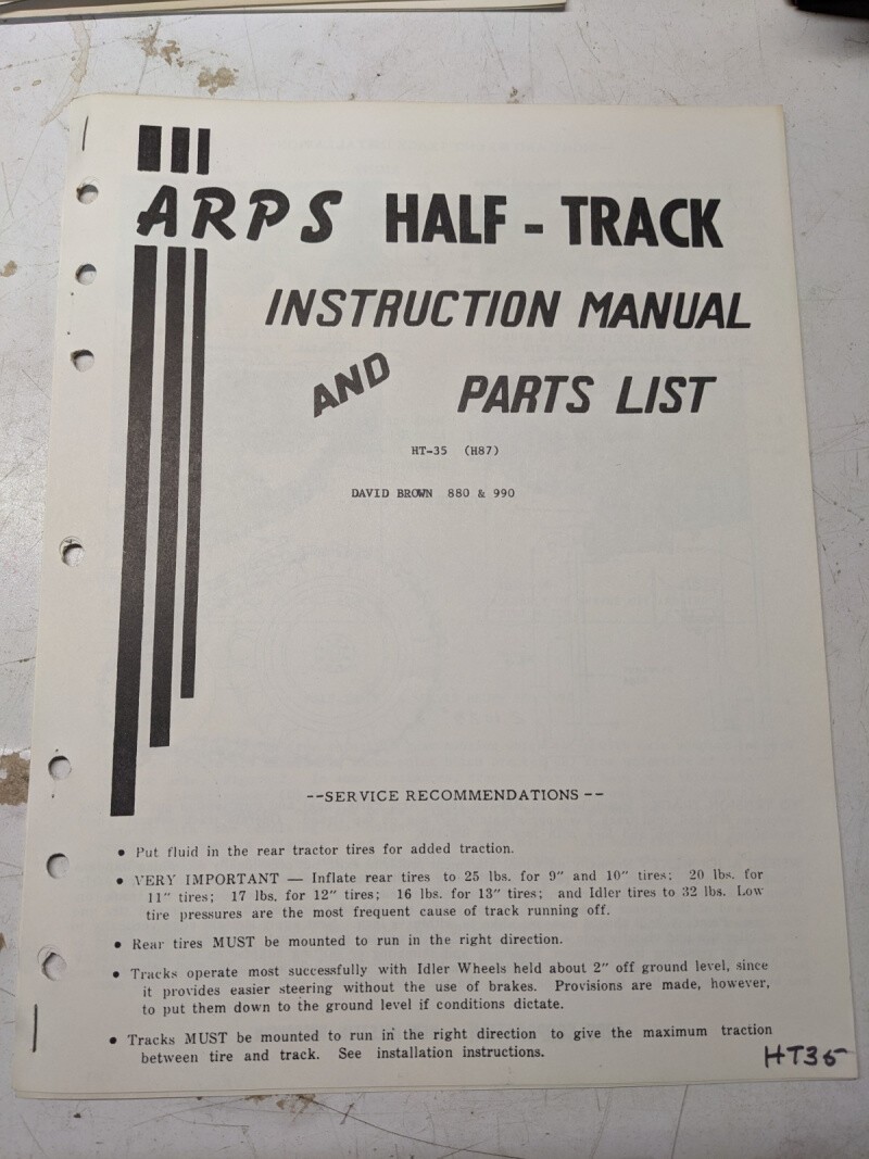 Arps Tractor Half-Track Instruction Owner Manual Parts List David Brown 880 Ht35