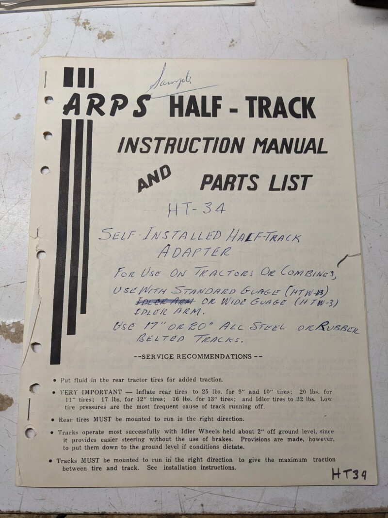 Arps Tractor Half-Track Instruction Owner Manual Parts List Self Install Combine