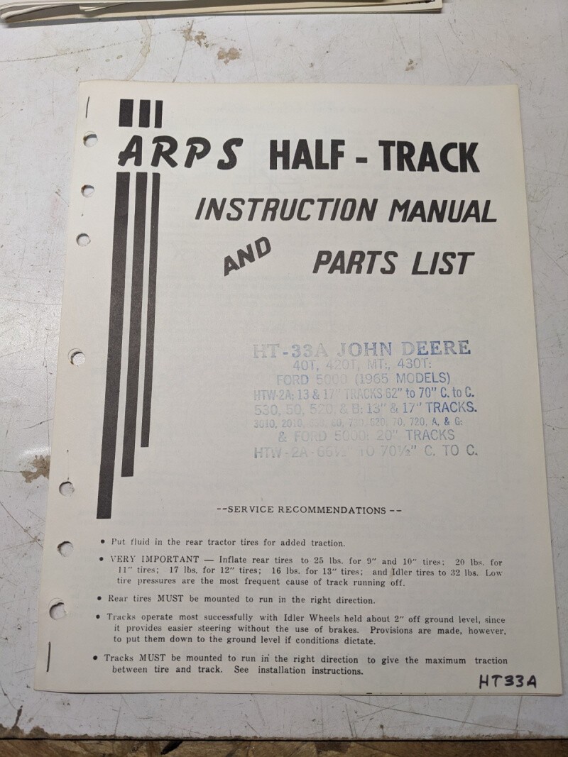Arps Tractor Half-Track Instruction Owner Manual Parts List John Deere Jd 40T