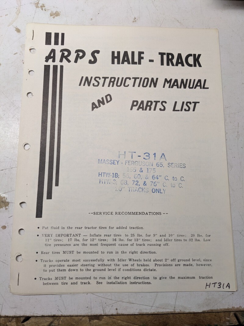 Arps Tractor Half-Track Instruction Owner Manual Parts List Massey Ferguson 65