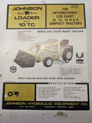 Johnson Work Horse Cub Cadet 10-14 Loader Model 10Tc Specs Attachments Brochure