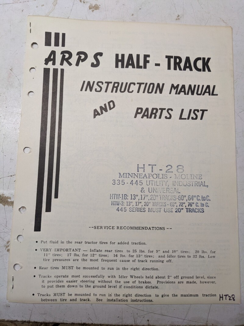 Arps Tractor Half-Track Instruction Owner Manual Parts List Minneapolis Moline