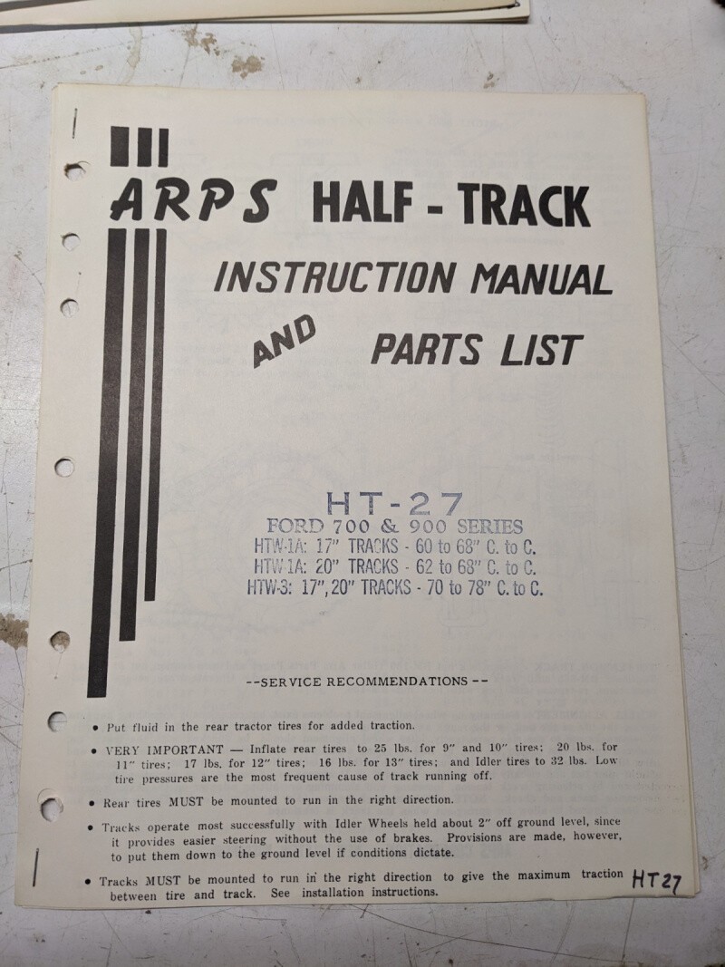 Arps Tractor Half-Track Instruction Owner Manual Parts List Ford 700 900 Ht27