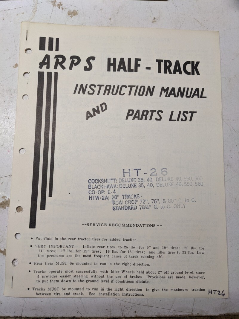 Arps Tractor Half-Track Instruction Owner Manual Parts List Cockshutt Deluxe