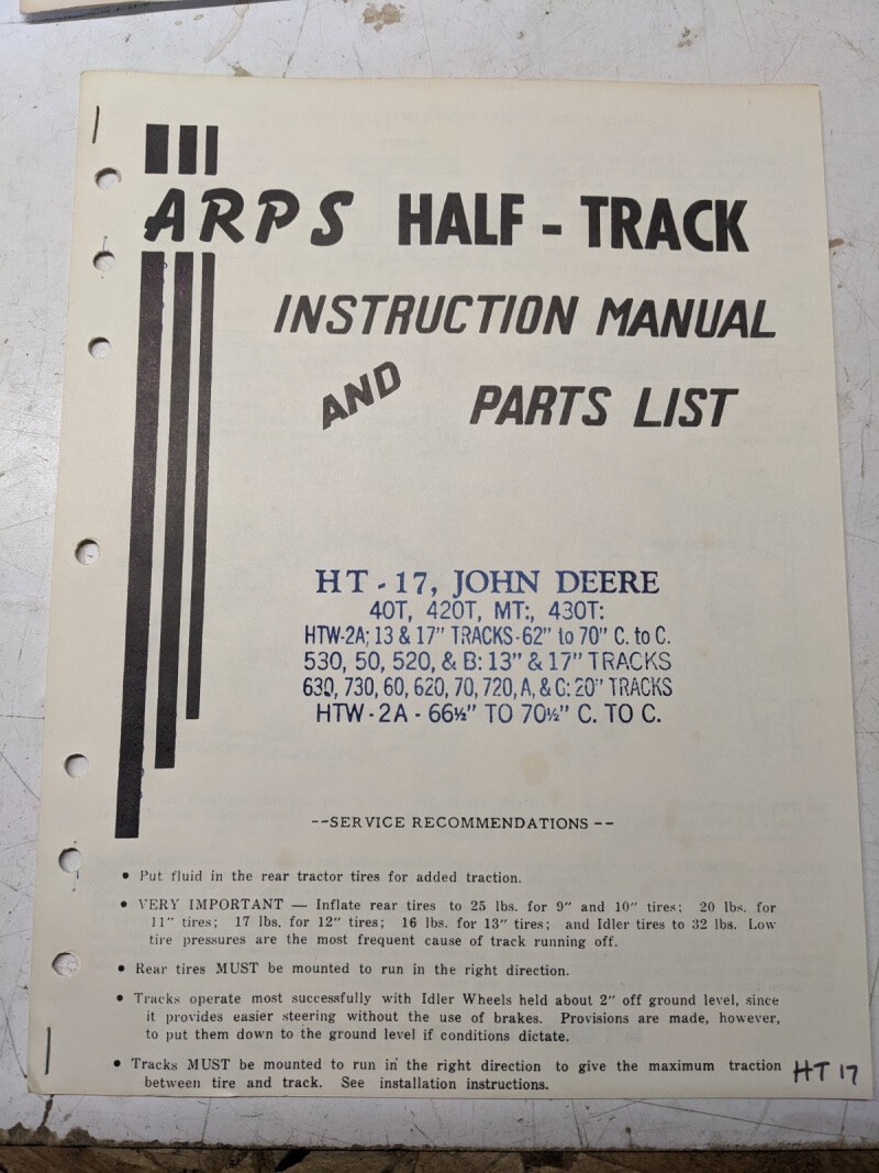 Arps Tractor Half-Track Instruction Owner Manual Parts List John Deere 420 430 T