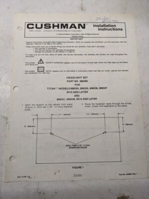 Cushman Installation Instructions Manual Headlight Set 886466 1988