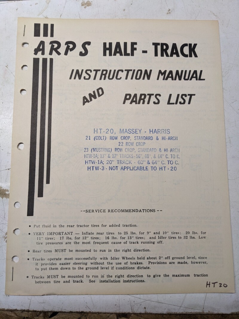 Arps Tractor Half-Track Instruction Owner Manual Parts List Massey Harris Ht20