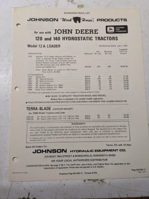 Johnson Work Horse Products John Deere Jd 120 140 Tractor Price List 1971 12A
