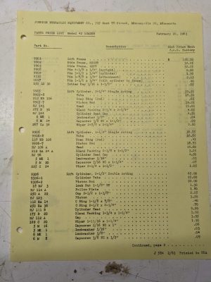 Johnson Work Horse Products Model 42 Loader Tractor Price List 02/63 Attachment