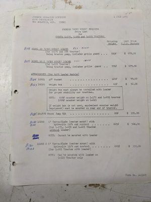 Johnson Work Horse Products Kubota L-175-225 Tractor Price List 1973 Attachment