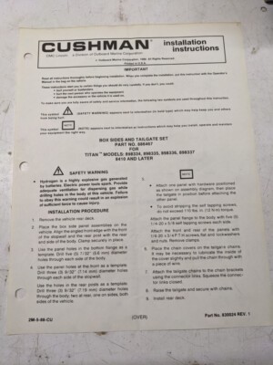 Cushman Installation Instructions Manual Box Sides Tailgate Set 886467 1988