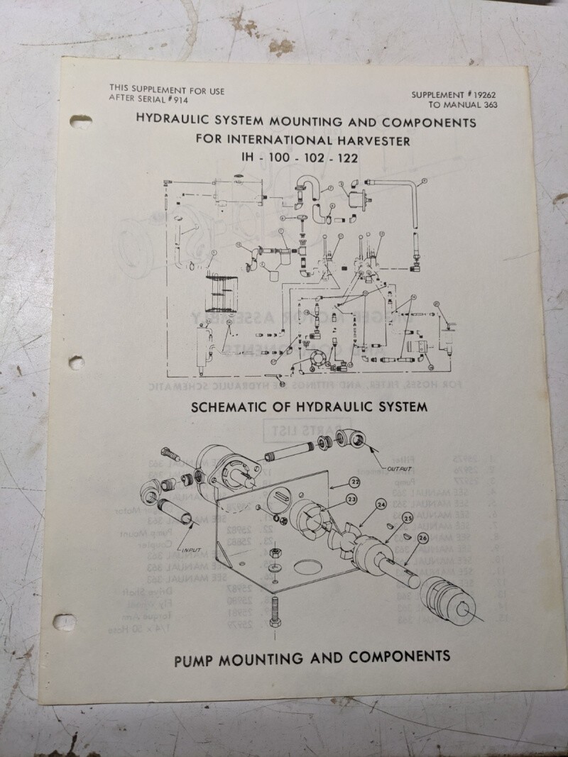 International Harvester Ih 100 102 122 Supplement Hydraulic System Mounting