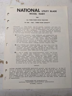 Nab11 National Utility Blade Operation Parts List & Rake Accessories Tractor