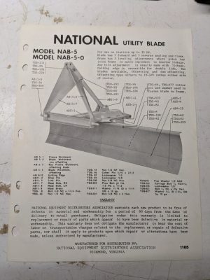 Nab-5-0 National Utility Blade Model 1165 Parts List & Rake Accessory Tractor