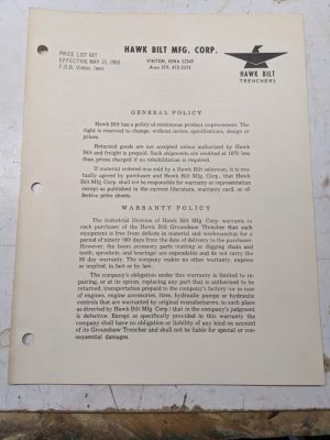 Hawk Bilt Groundsaw Trenchers 1968 Price List 750 1200 Model & Conversion Kits