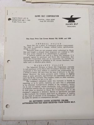 Hawk Bilt Groundsaw Trenchers 1969 Price List 750 H-900 1200 Model Tractor