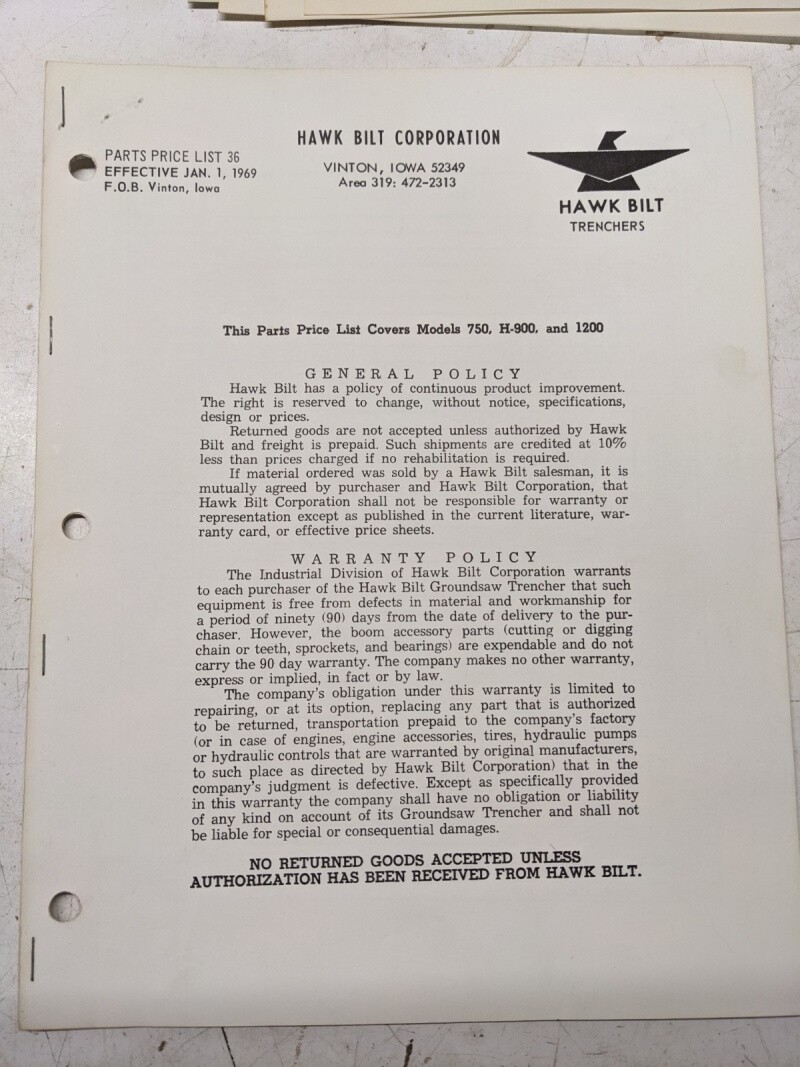Hawk Bilt Groundsaw Trenchers 1969 Price List 750 H-900 1200 Model Tractor